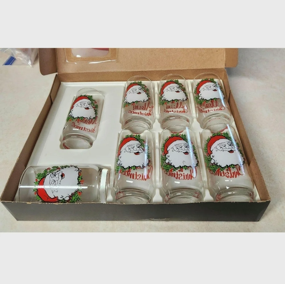 70s Set Anchor Hocking Winking Santa Glass Tumblers Hostess Box Merry Christmas - Picture 10 of 10